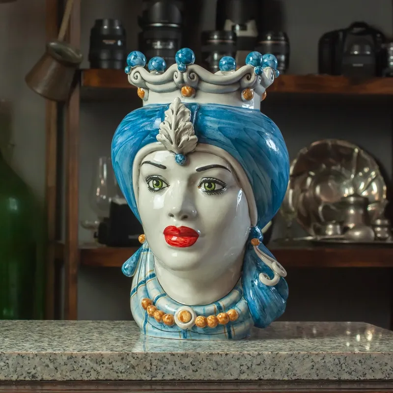 Teste di Moro siciliane in Ceramica Caltagirone Donna-Uomo Turbante Blu cm 35
