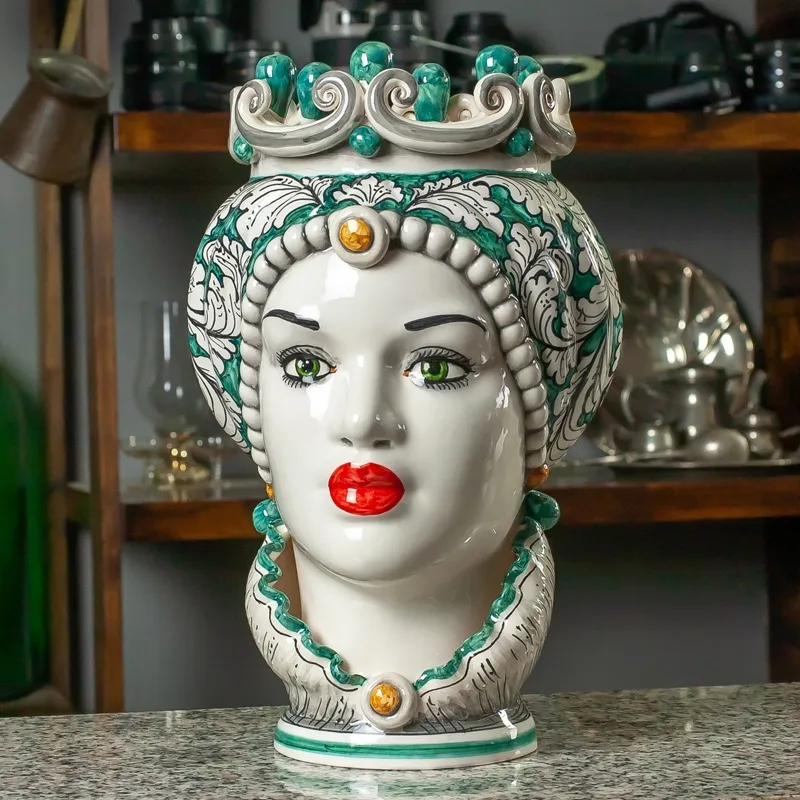 Teste di Moro Siciliane Ceramica Caltagirone Colletto Floreale Verde Donna-Uomo cm 35