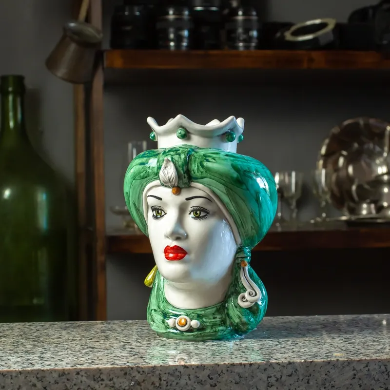 Teste di Moro Siciliane in Ceramica Caltagirone Turbante Verde Donna-Uomo cm 23