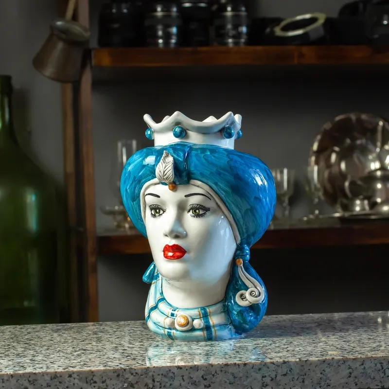 Teste di Moro Siciliane in Ceramica di Caltagirone Turbante Blu Donna-Uomo cm 23