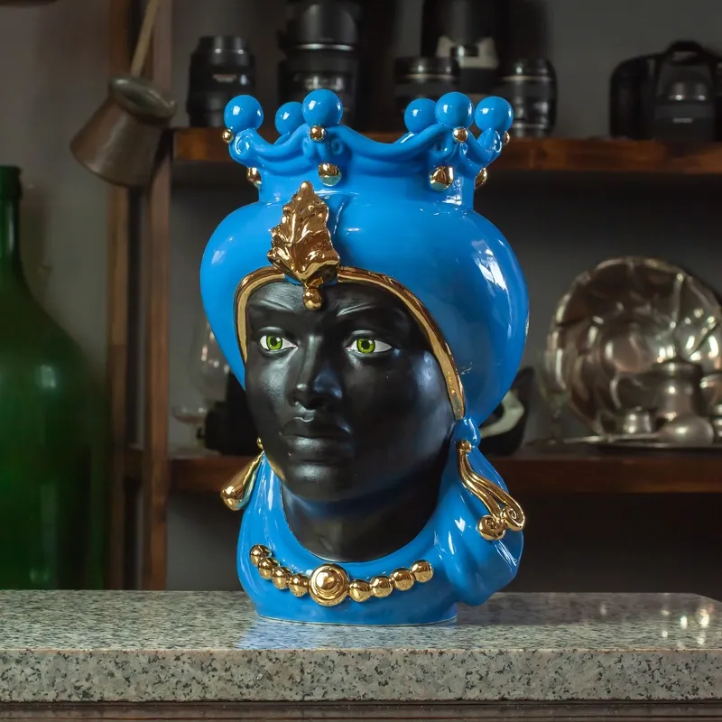 Teste di Moro in Ceramica Siciliana Caltagirone Donna Blu Luxury Gold cm 35