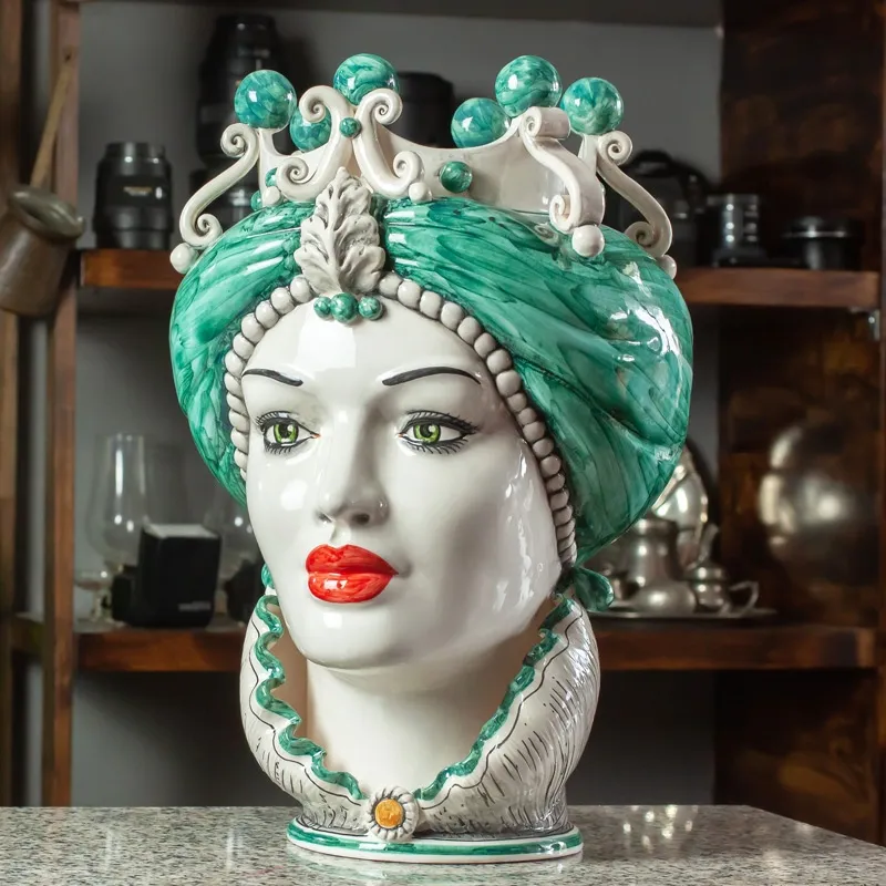 Teste di Moro Ceramica Siciliana Caltagirone Verde Donna-Uomo cm 42