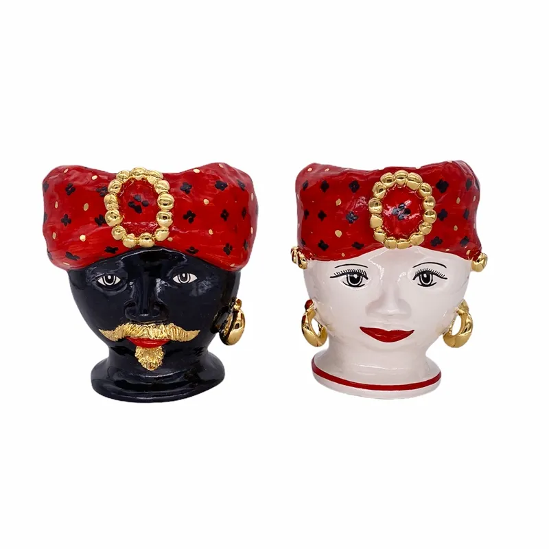 Coppia Teste Ceramica Siciliana Caltagirone Red-Gold cm 19