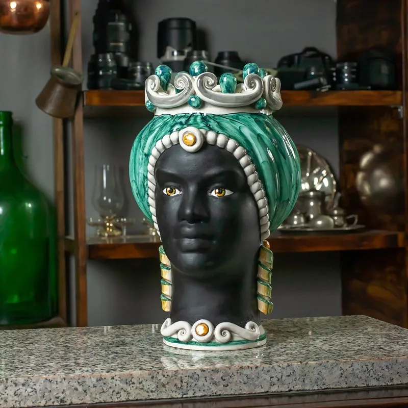 Testa di Moro Siciliane in Ceramica Caltagirone Donna-Uomo Verde Volto Nero Opaco cm 35