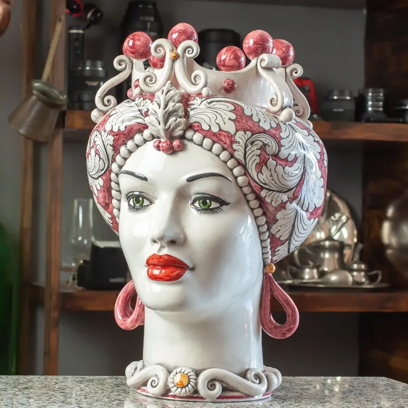 Teste di Moro in ceramica Siciliana di Caltagirone Donna-Uomo Bordeaux Antico Floreale cm 42