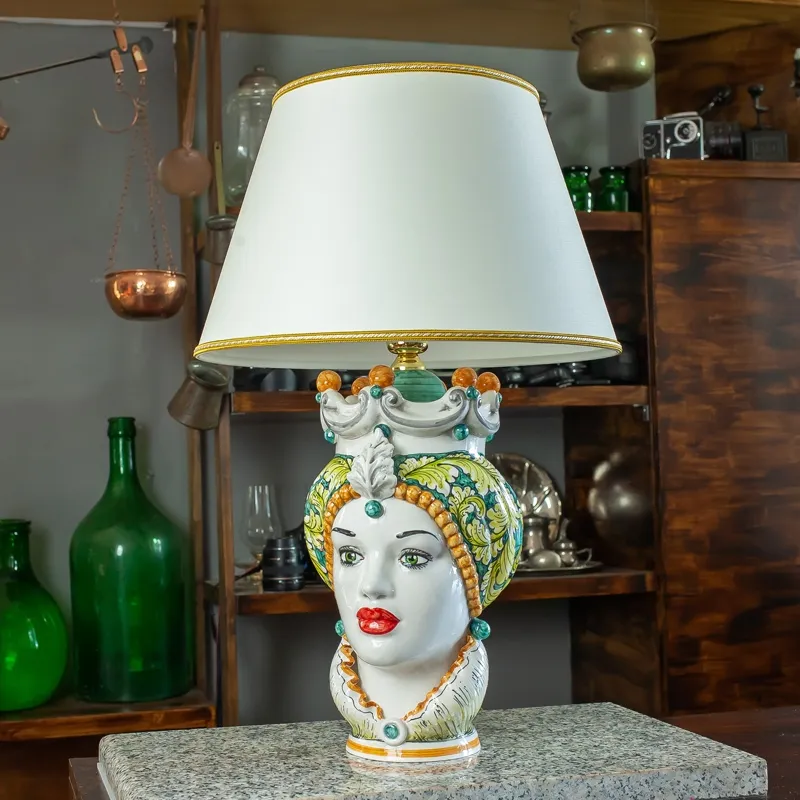 Lume Testa Ceramica di Caltagirone Donna Giallo Ocra cm 62