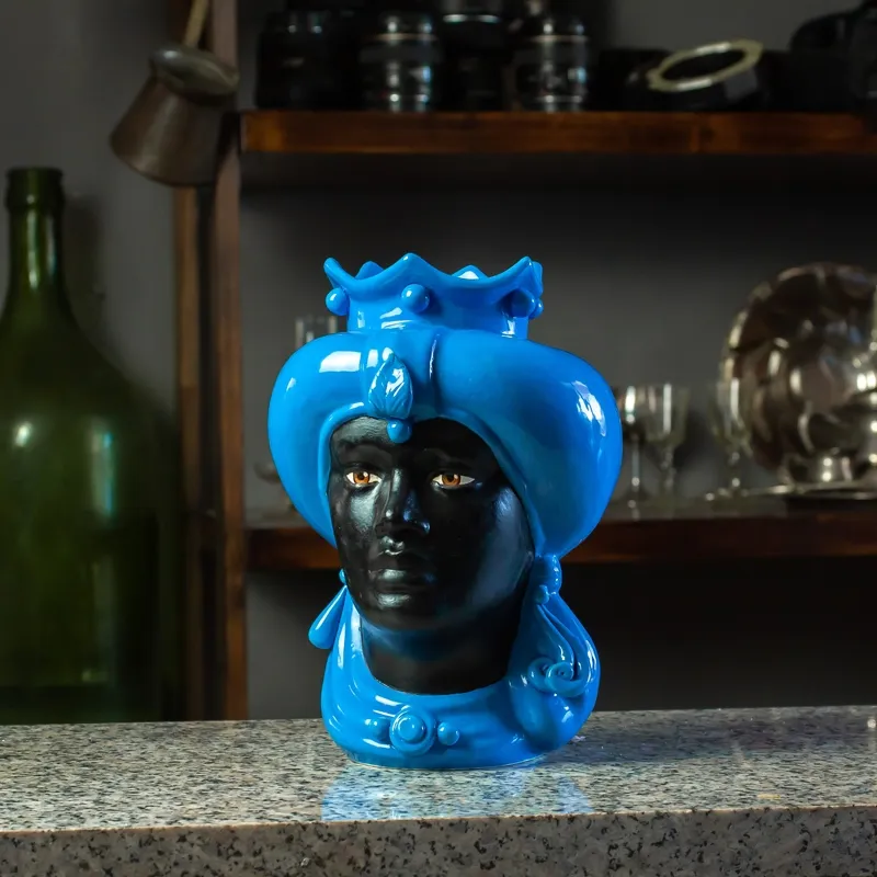 Teste di Moro Siciliane in Ceramica Caltagirone Turbante Blu Volto Nero Satinato Donna-Uomo cm 23