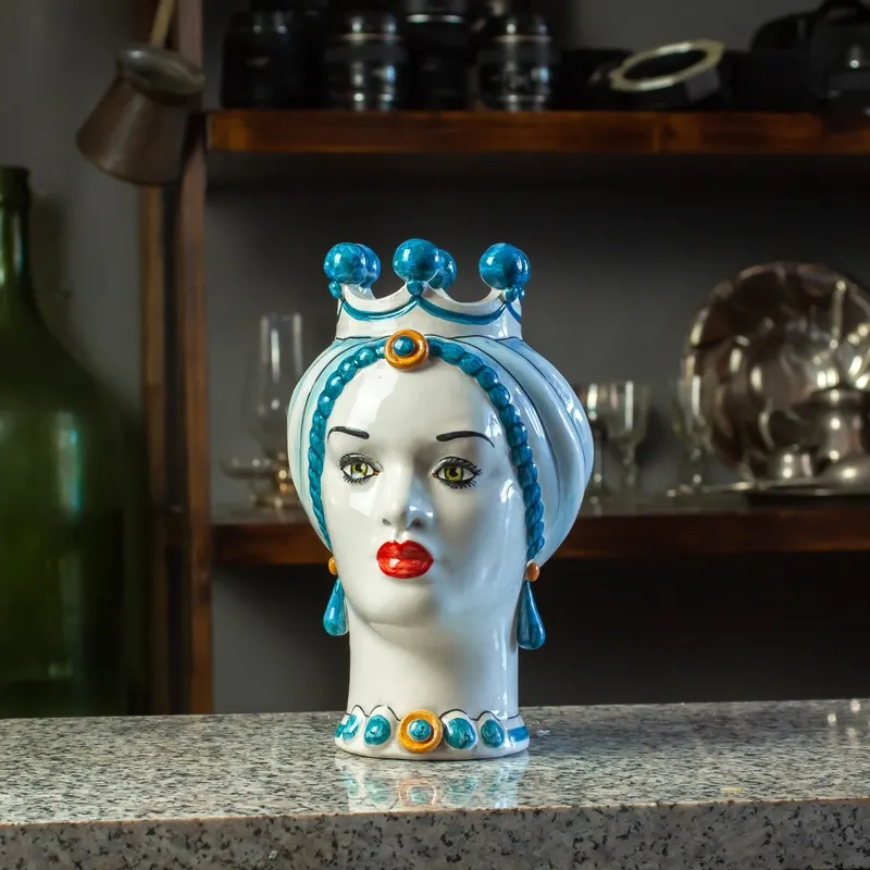 Teste di moro Siciliane in Ceramica Caltagirone Celeste Donna-Uomo cm 23
