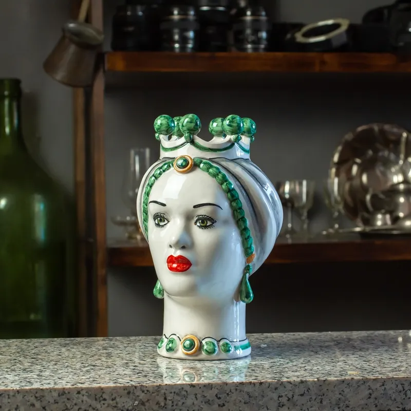 Teste di Moro Siciliane in Ceramica Caltagirone Corona Verde Donna-Uomo cm 23