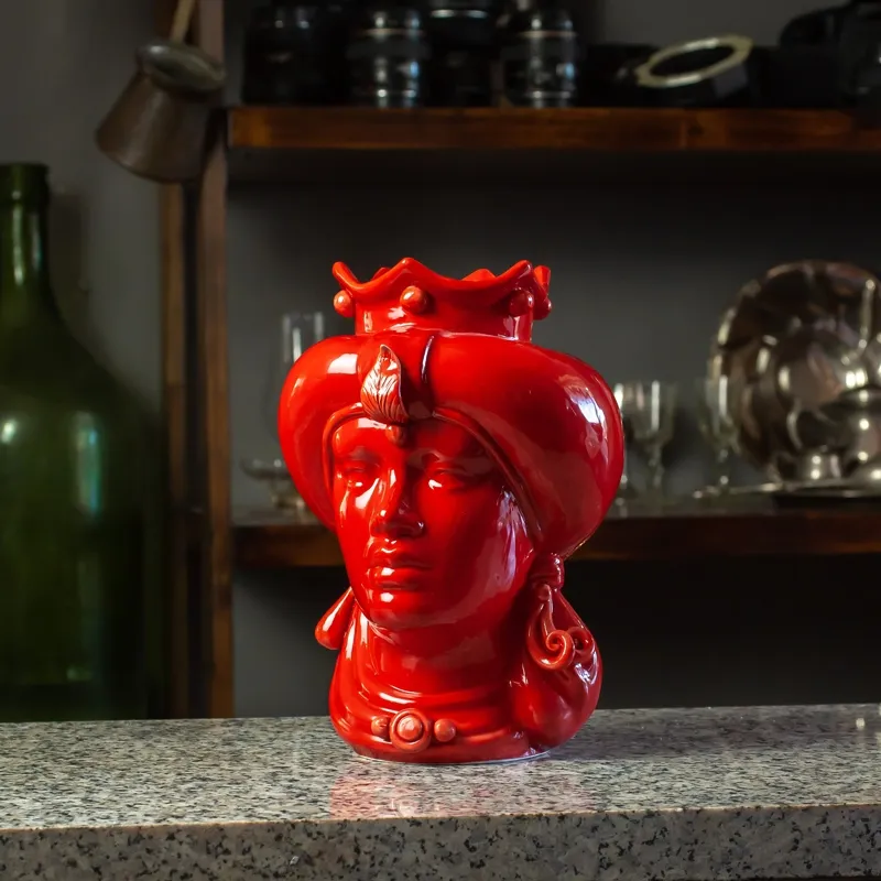 Teste di moro in Ceramica Siciliana Caltagirone Rosso con Turbante Donna-Uomo cm 23