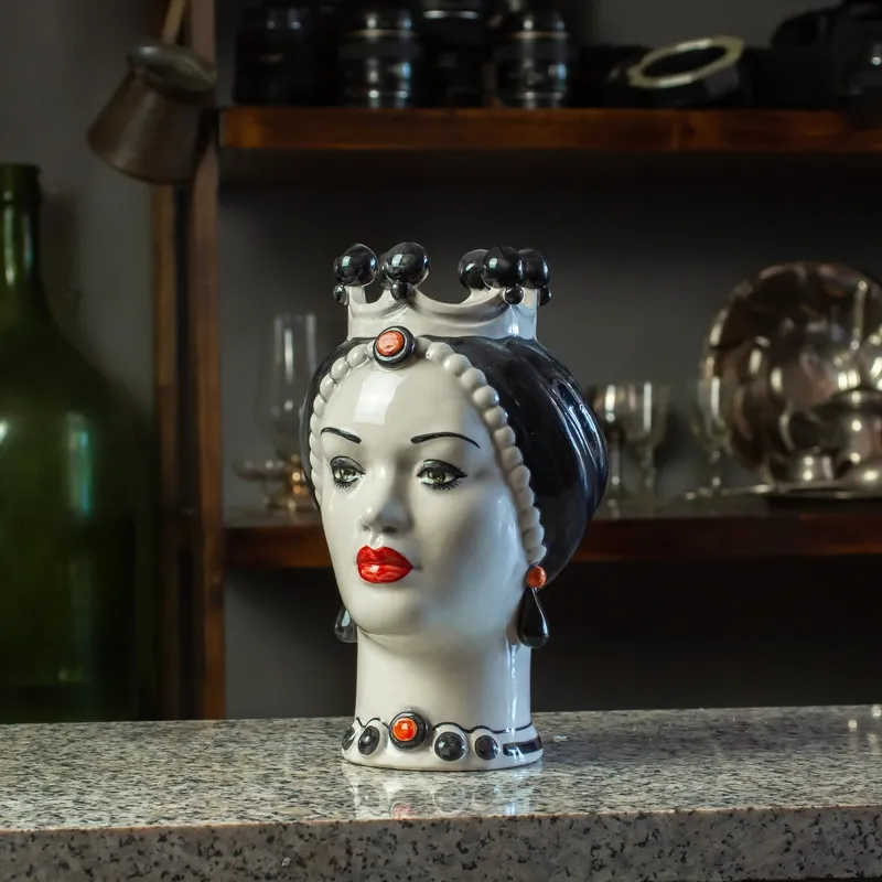 Teste di Moro Siciliane in Ceramica Caltagirone Finitura Nera Donna-Uomo cm 23