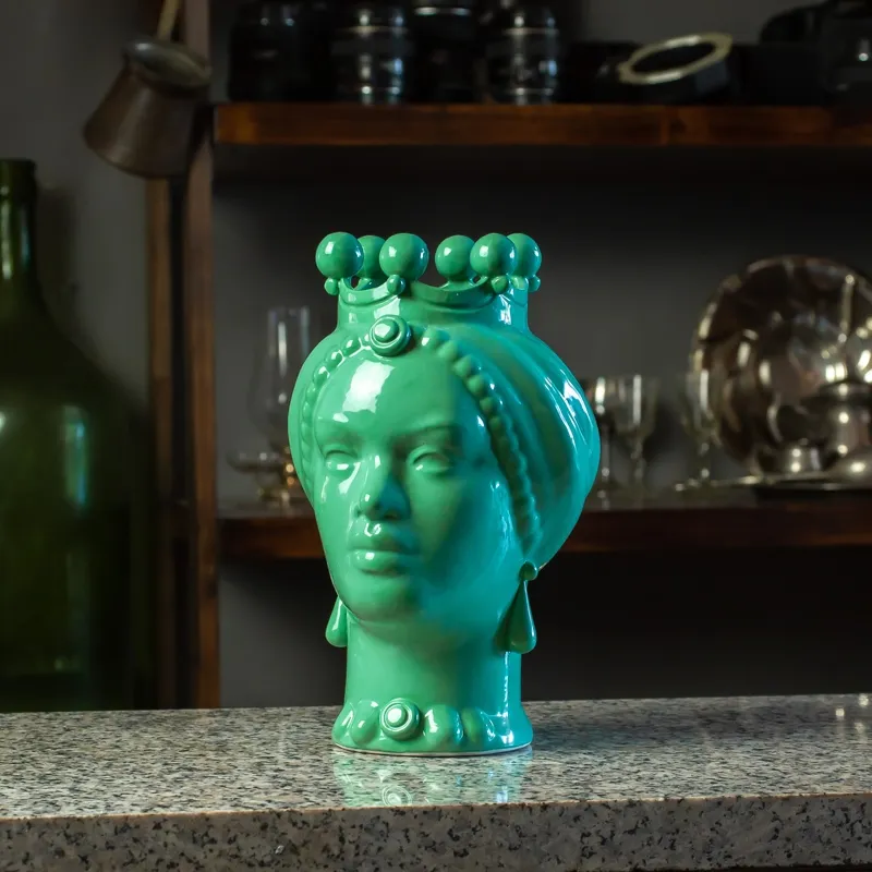 Teste in Ceramica Siciliana di Caltagirone  Verde Tiffany Donna-Uomo cm 23