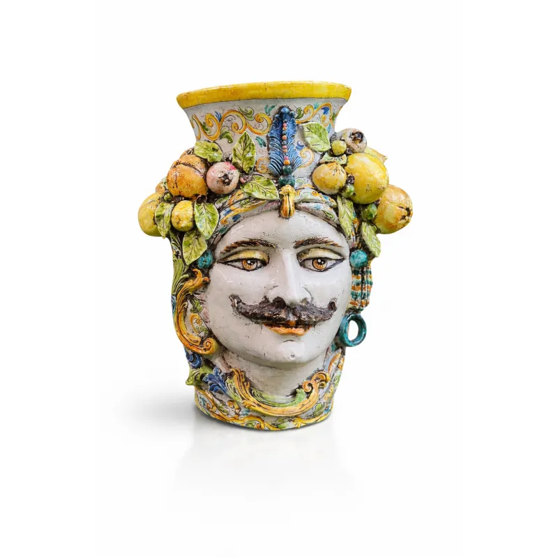 Teste di Moro Siciliane Donna-Uomo Gigante in Ceramica Caltagirone Limoni cm 85