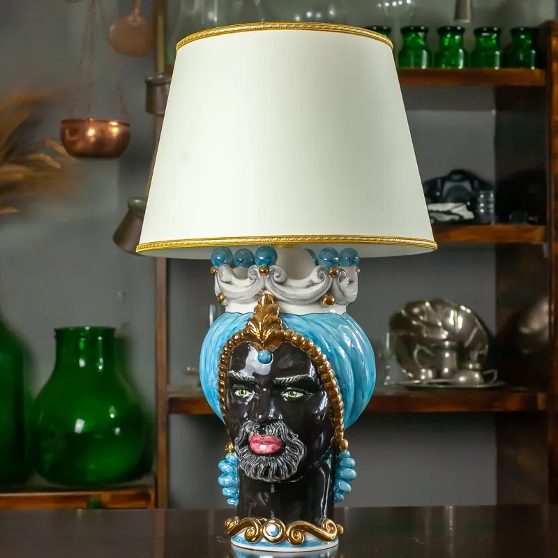 Lume Testa di moro in Ceramica di Caltagirone Uomo Luxury Madreperlato cm 62