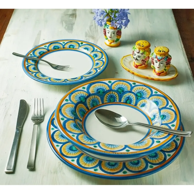 Servizio Piatti Ceramica Siciliana Caltagirone Pavone- 3 Pezzi