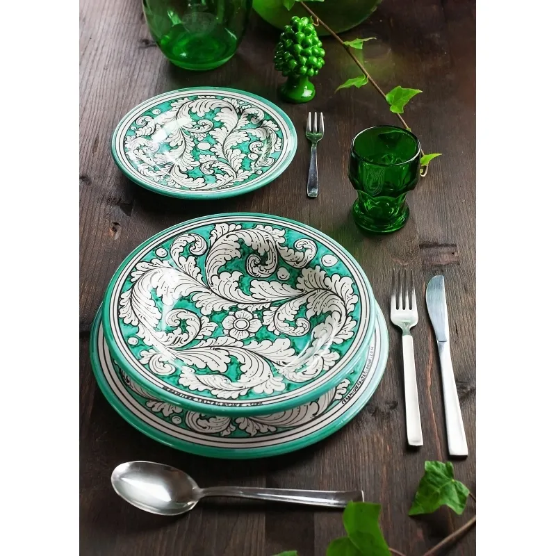 Servizio Piatti Ceramica Siciliana Caltagirone Ornato Verde- 3 Pezzi