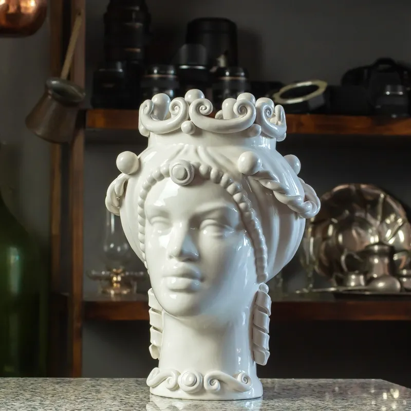 Teste di Moro Siciliane in Ceramica Caltagirone Bianca Donna-Uomo cm 35