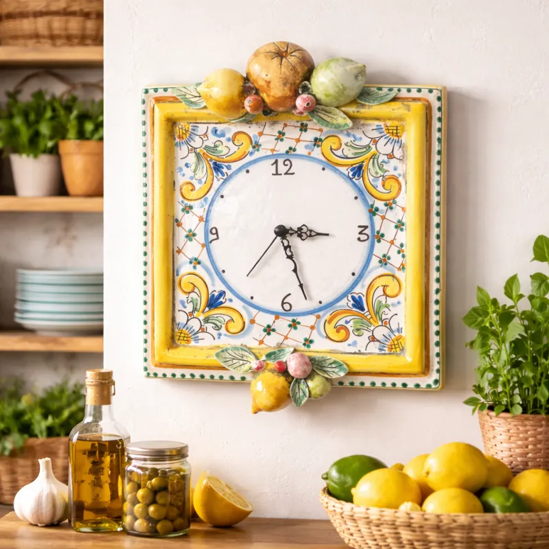Orologio Quadrato Ceramica Caltagirone Frutta Giallo Antico