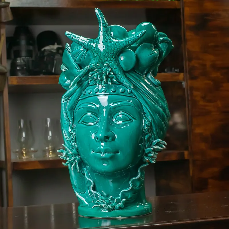 Teste Di Moro in Ceramica Siciliana Caltagirone Donna-Uomo mare cm 43