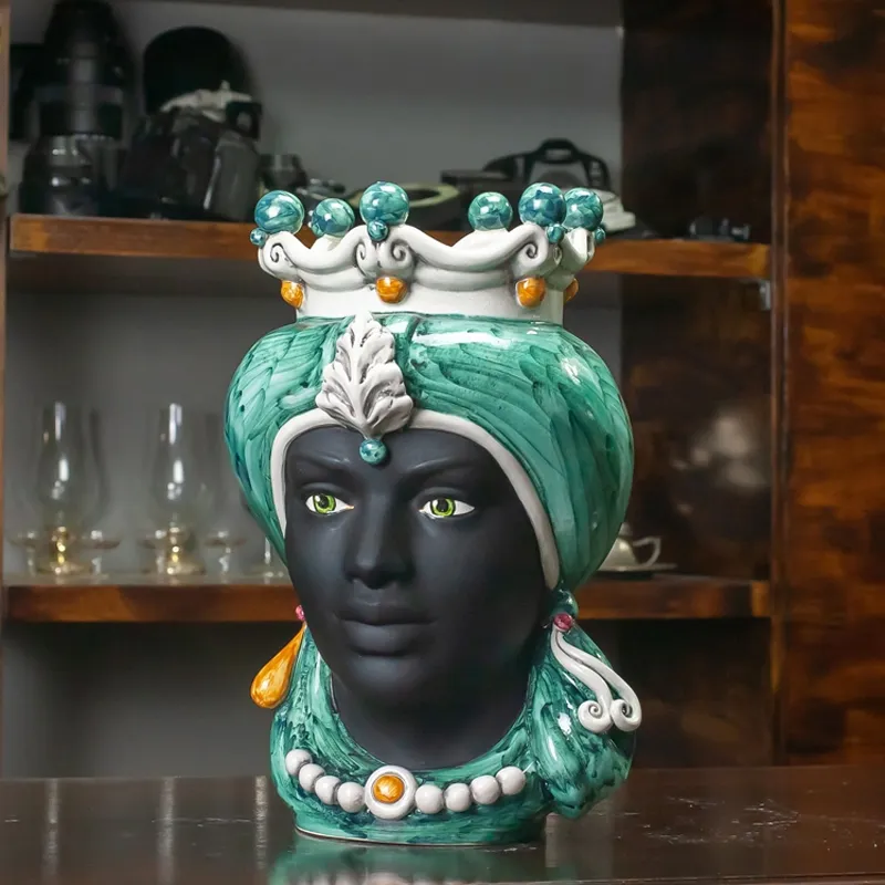 Teste di Moro in Ceramica Siciliana Caltagirone Donna-Uomo Verde Smeraldo cm 35