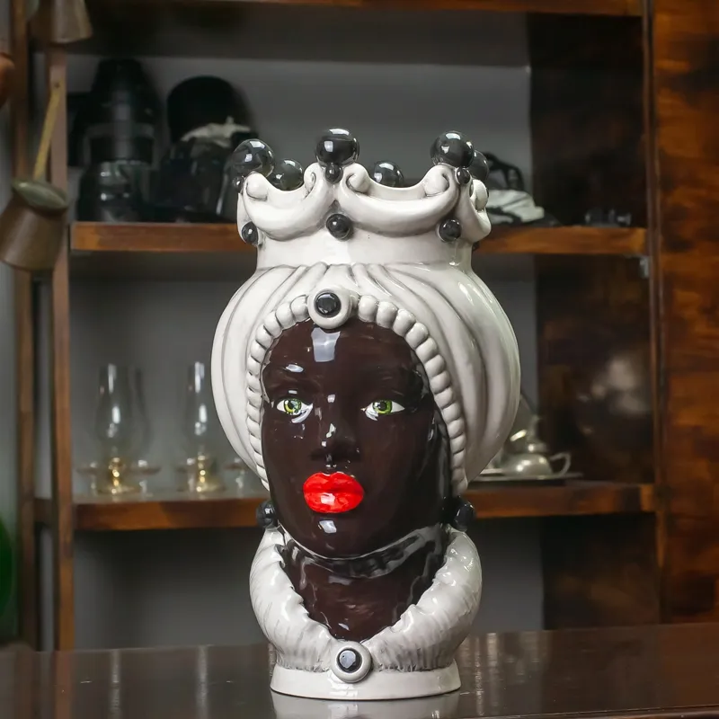 Teste di Moro Siciliane Ceramica Caltagirone Bianco Antico Donna-Uomo cm 35