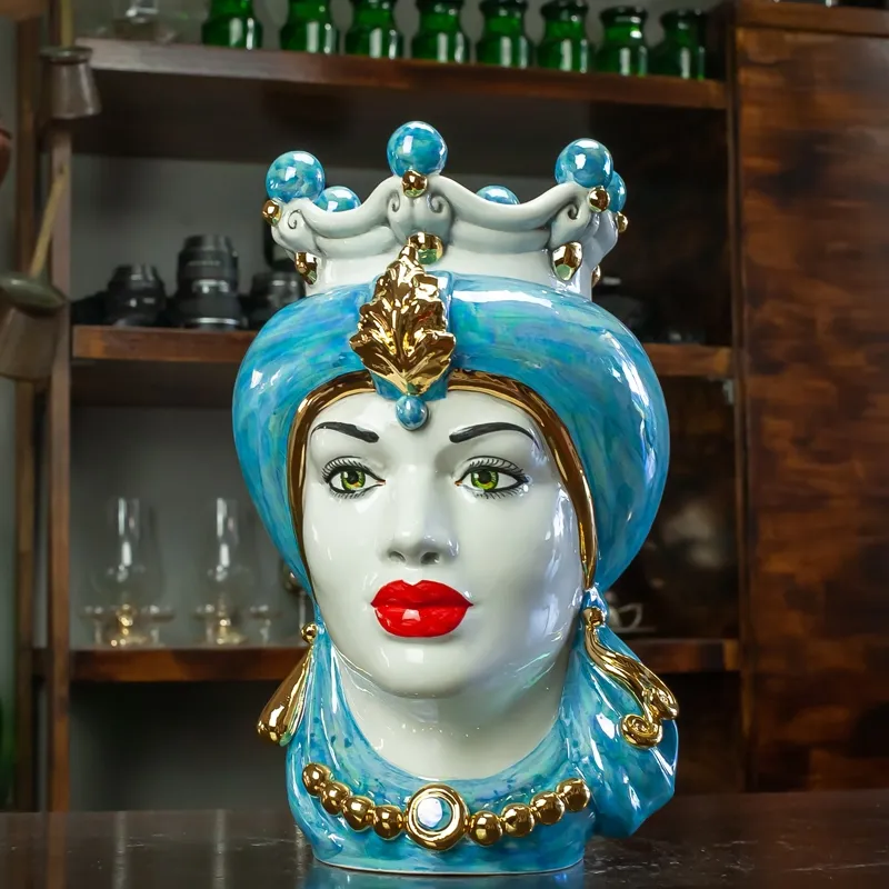Teste di Moro Siciliane in Ceramica Caltagirone Donna-Uomo Azzurro Madreperlato cm 35