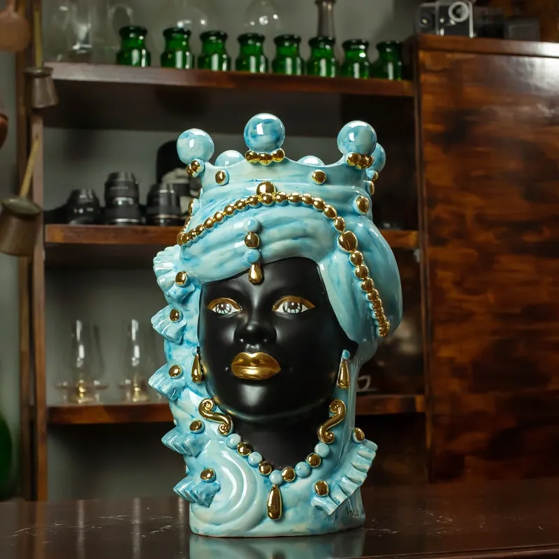 Teste in Ceramica Caltagirone Verus Uomo-Donna madreperlata azzurra oro cm 35