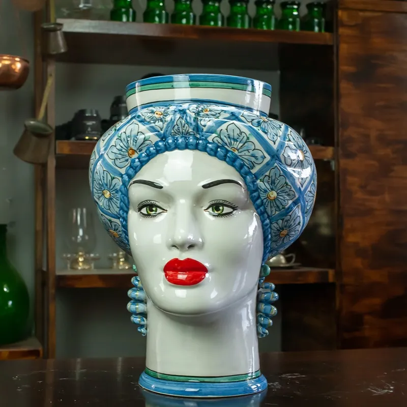 Teste di Moro Siciliane in Ceramica Caltagirone Donna-Uomo fiori 40 cm