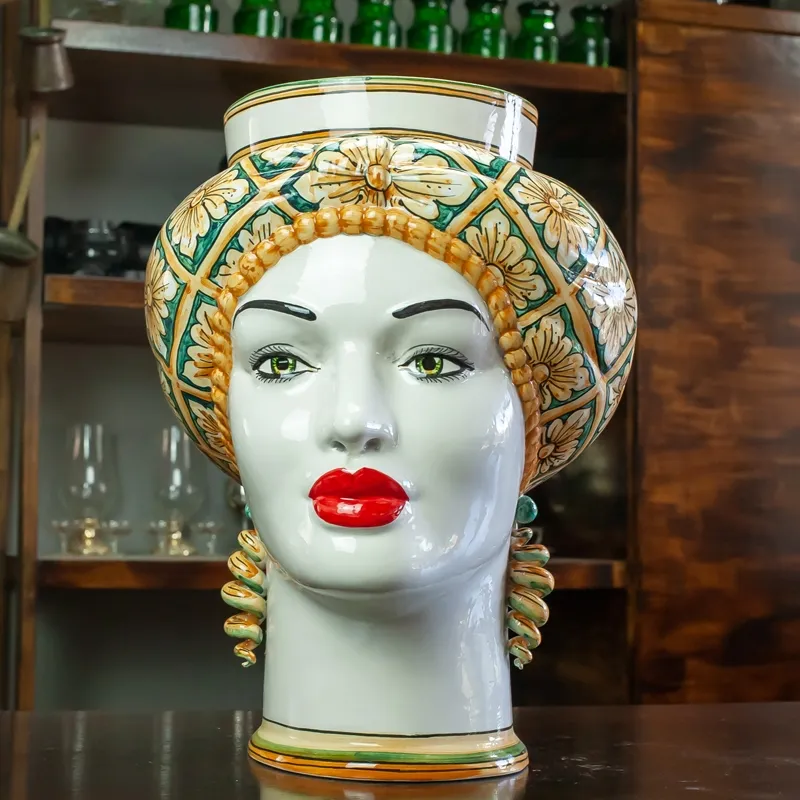 Teste di Moro in ceramica Siciliana Caltagirone Donna-Uomo fiori ocra 40 cm