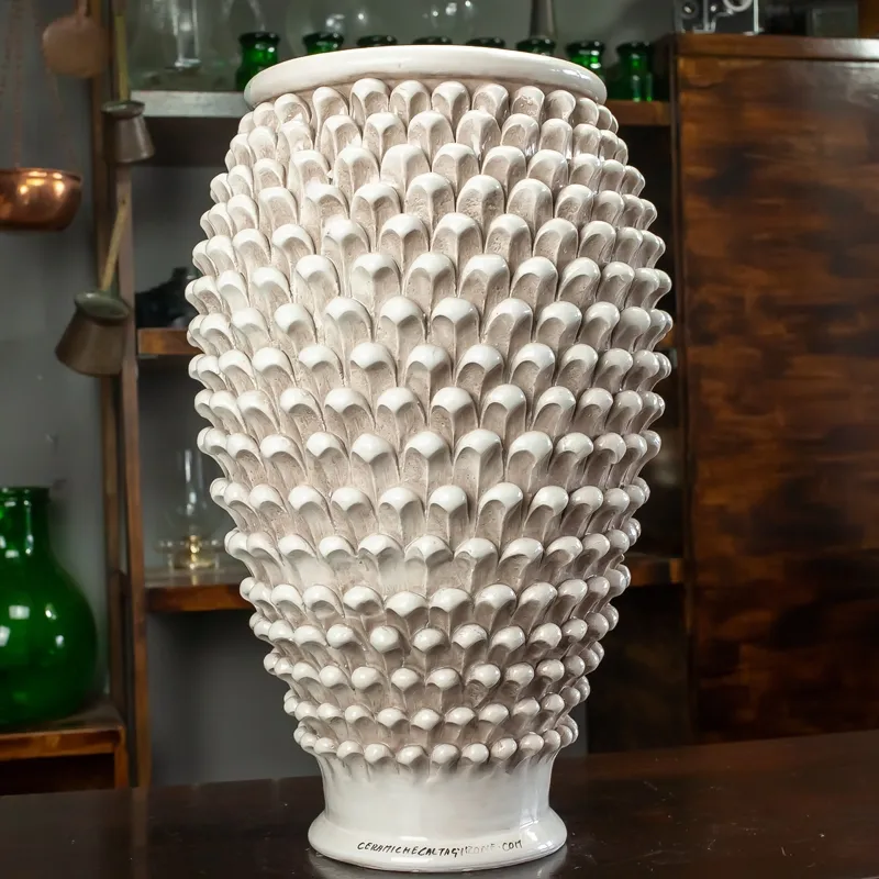 Portaombrelli Pigna Ceramica Siciliana Caltagirone Bianco Antico cm 50