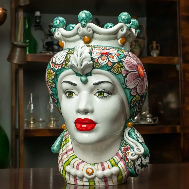 Teste di moro siciliane in Ceramica Caltagirone Donna-Uomo fiore cm 35