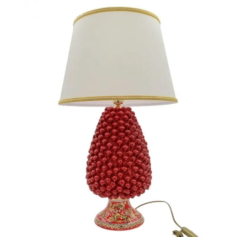Lume Pigna Ceramica Siciliana Caltagirone Rosso Base Decorata cm 70