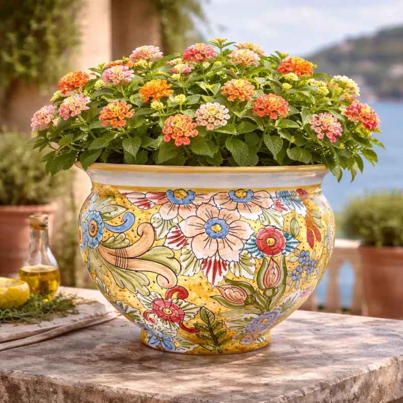 Portavaso Ceramica Siciliana Caltagirone Giallo Floreale 40 cm