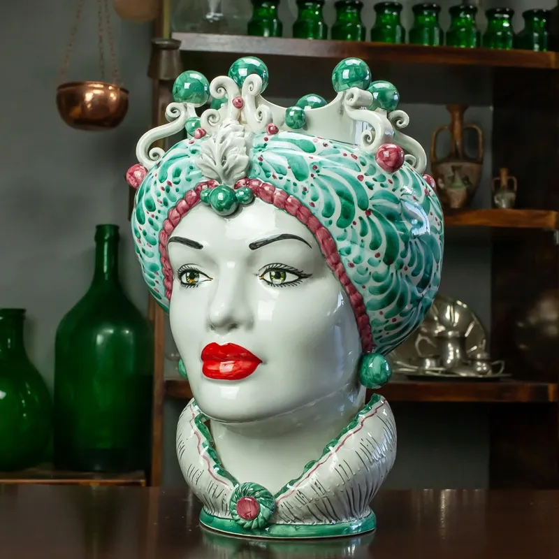 Teste di Moro Ceramica Siciliana Caltagirone verde fantasia Donna-Uomo cm 42