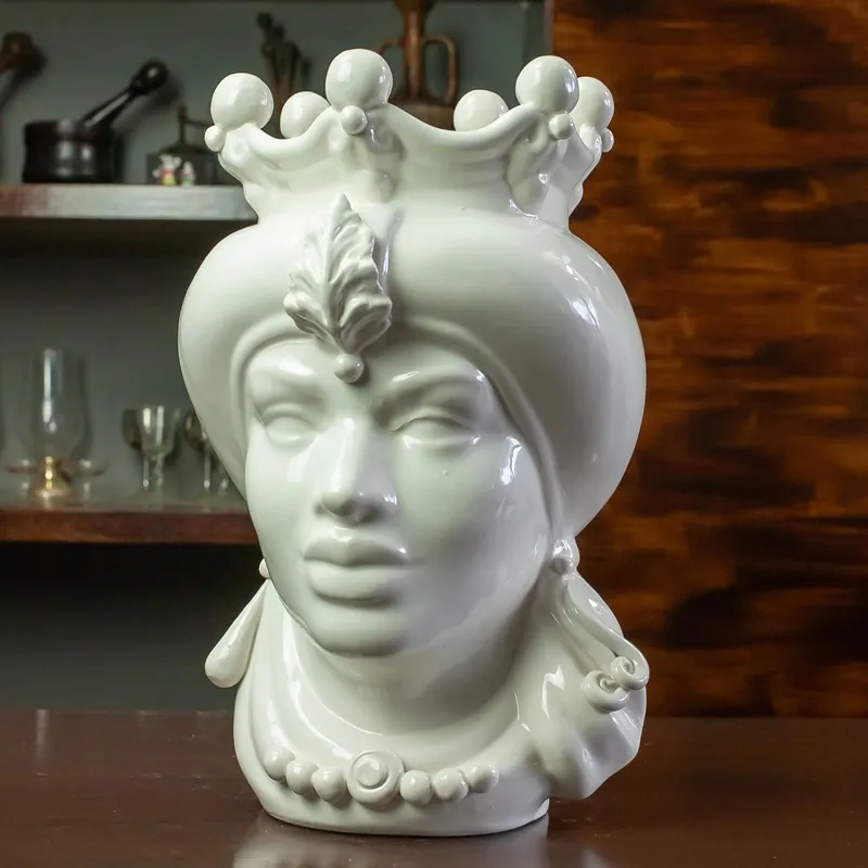Teste di Moro Siciliane in Ceramica Caltagirone Donna-Uomo Turbante Bianco cm 35
