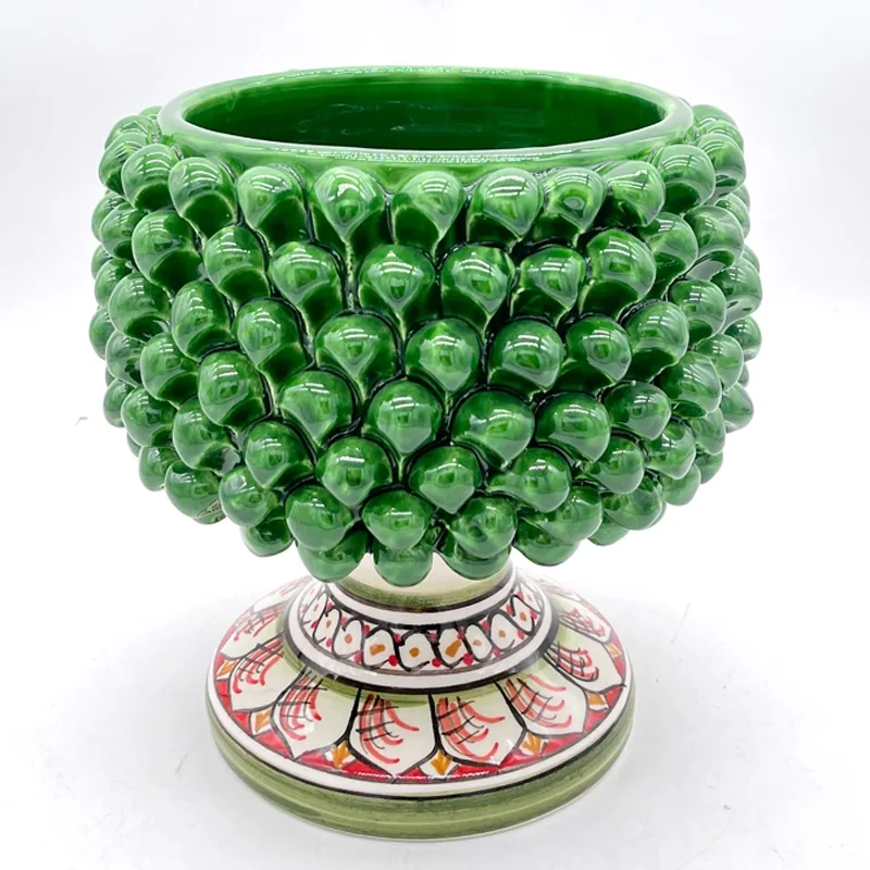 Portavaso pigna in ceramica siciliana di Caltagirone Verde Foglia H. 20 cm
