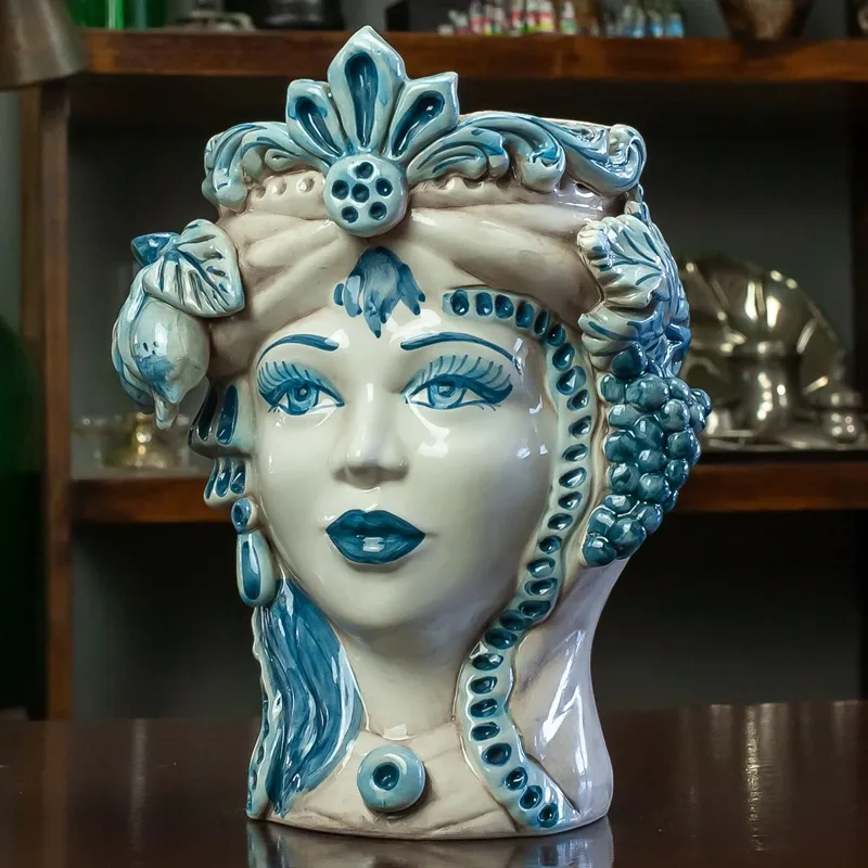 Teste di moro in ceramica Siciliana Caltagirone Donna-Uomo Blu Antico H. 27 cm