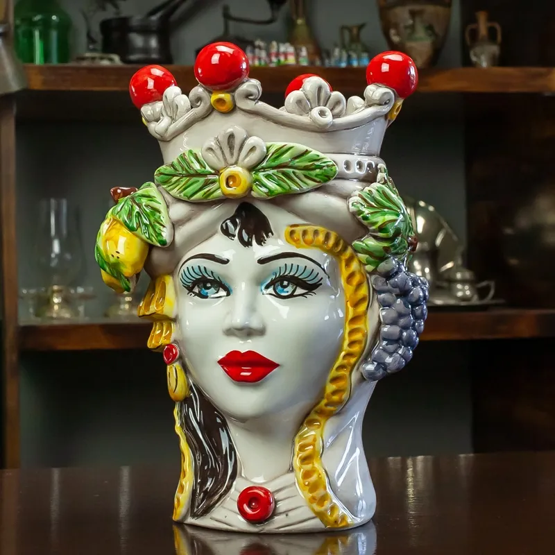 Teste di moro in ceramica Siciliana Caltagirone Donna-Uomo Frutta H. 28 cm