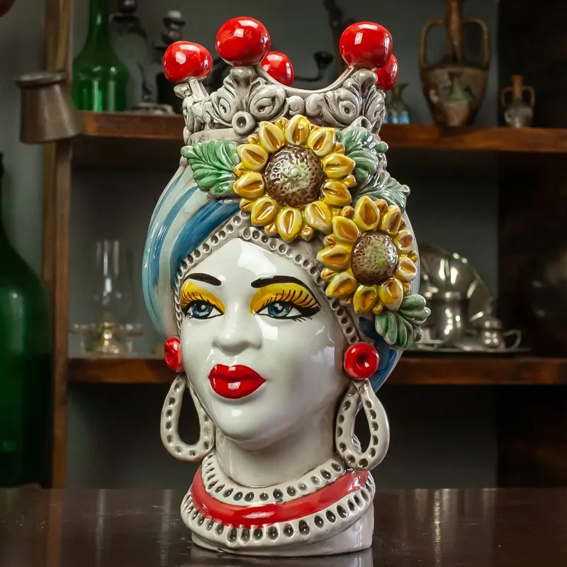 Teste di moro siciliane in ceramica di Caltagirone Donna-Uomo Girasoli H. 33 cm