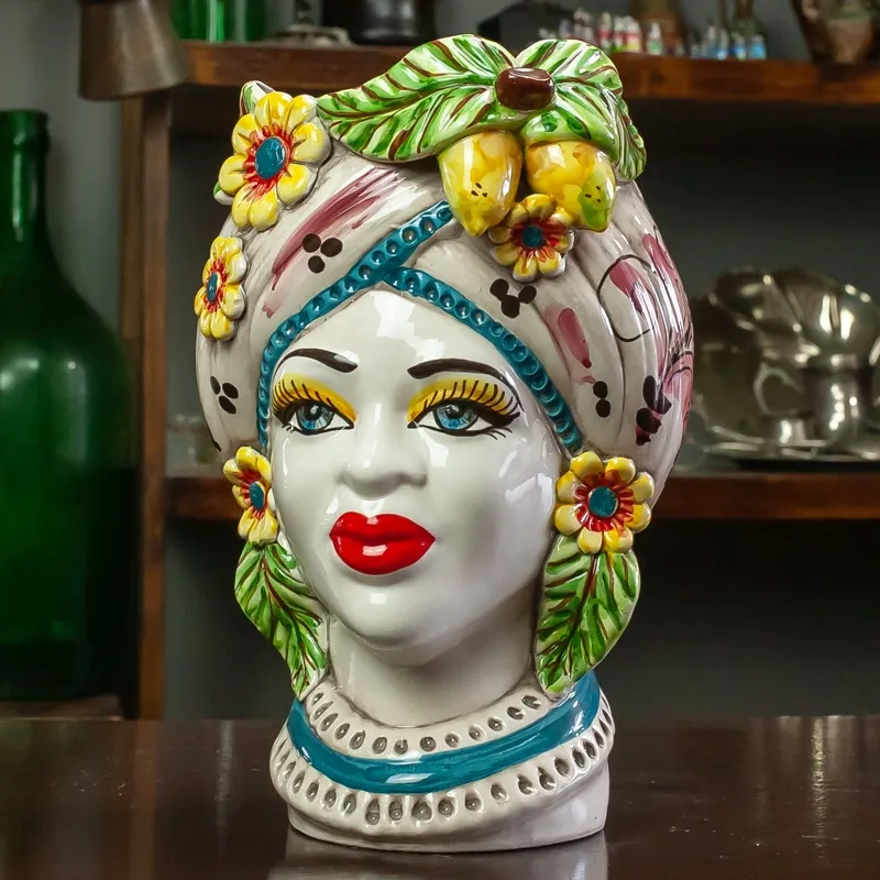 Teste di moro Siciliane in ceramica di Caltagirone Donna-Uomo Decoro Frutta H. 28 cm