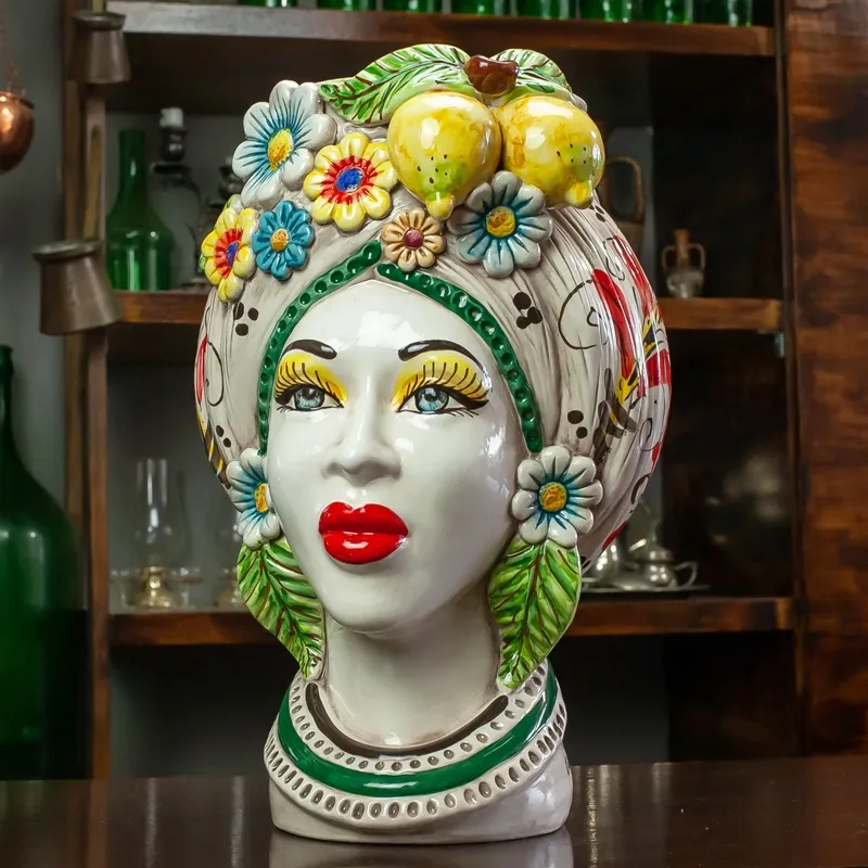 Teste di moro Siciliane in Ceramica di Caltagirone Donna-Uomo Limoni H. 40 cm