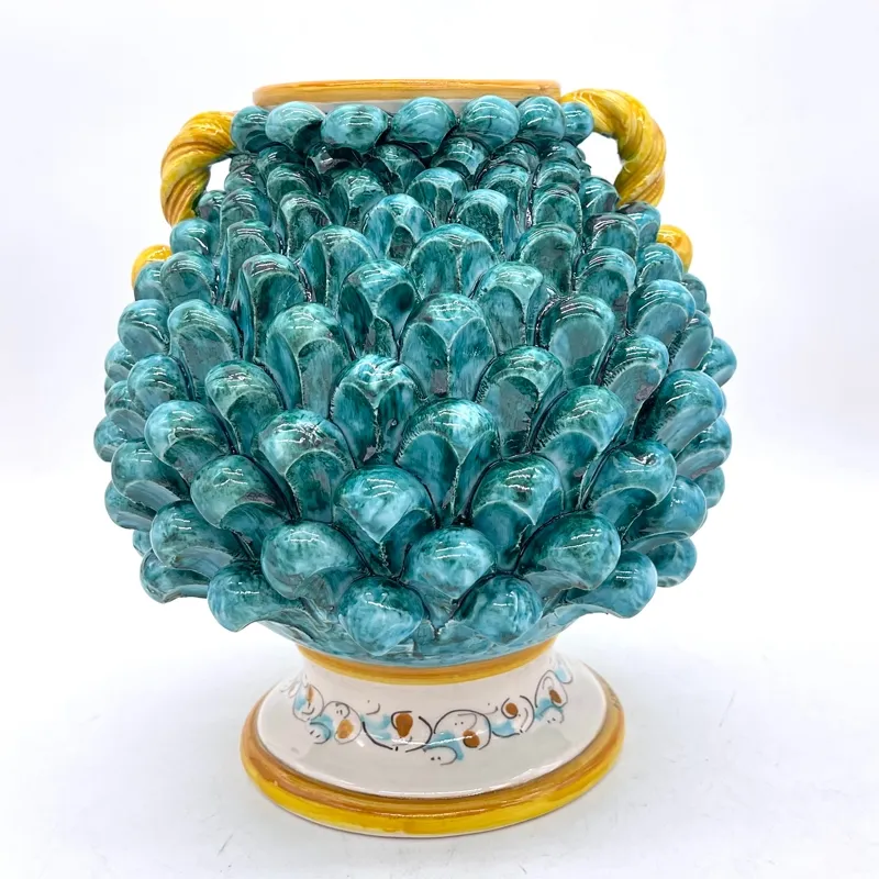 Vaso Pigna Palla in ceramica siciliana di Caltagirone Verde H. 24 cn
