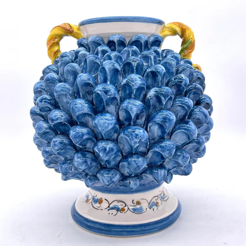 Vaso Pigna Palla in ceramica siciliana di Caltagirone Blu H. 24 cn