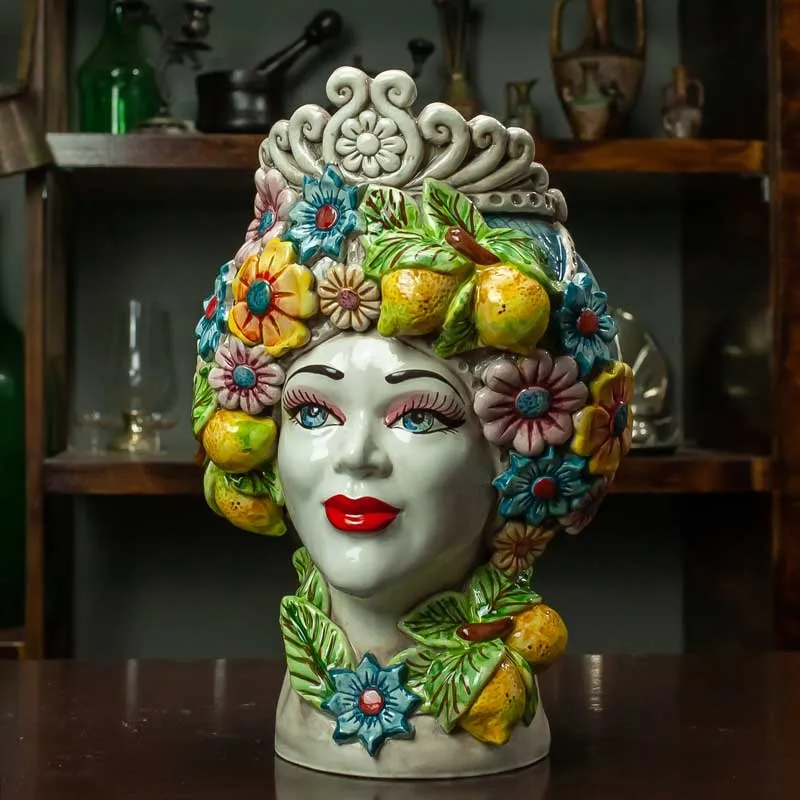 Teste di Moro siciliane in Ceramica di Caltagirone Donna-Uomo fiori h. 30 cm