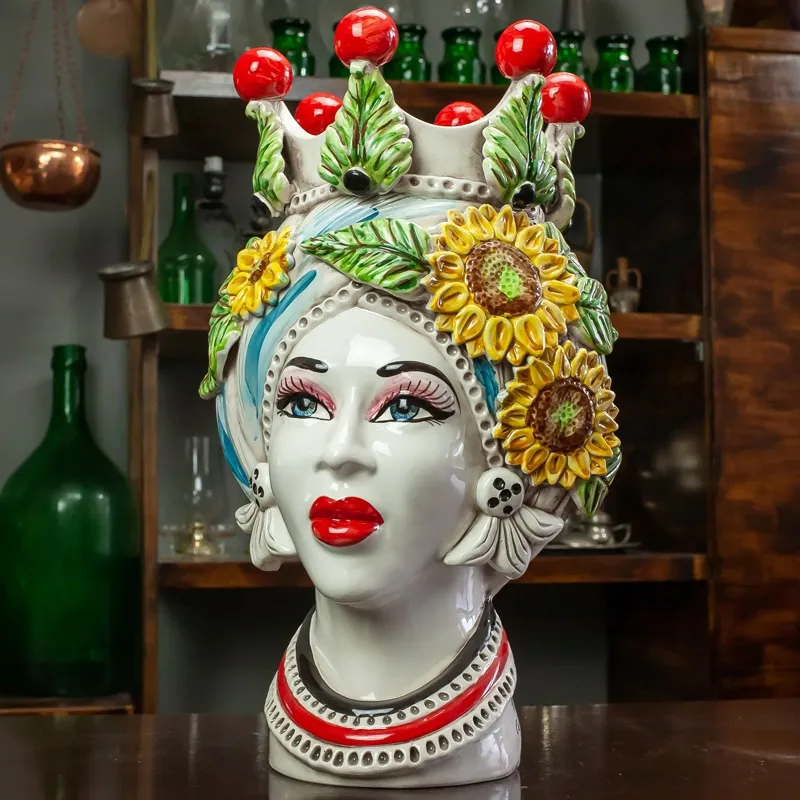 Teste di moro in Ceramica Siciliana di Caltagirone Donna-Uomo Girasoli H. 45 cm