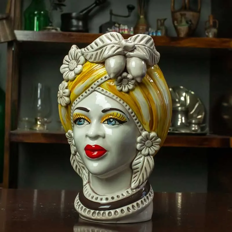 Teste di Moro Siciliane in Ceramica di Caltagirone Donna-Uomo Giallo H. 27 cm