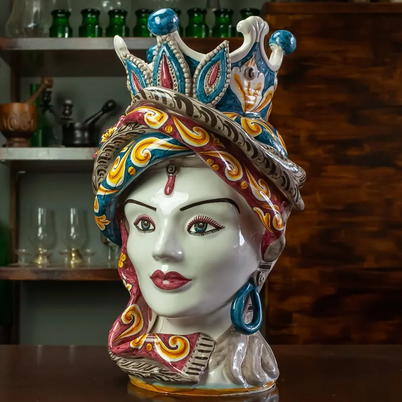 Testa di moro in Ceramica Siciliana di Caltagirone "Concordia" Decoro Palermo Donna-Uomo H. 48 cm