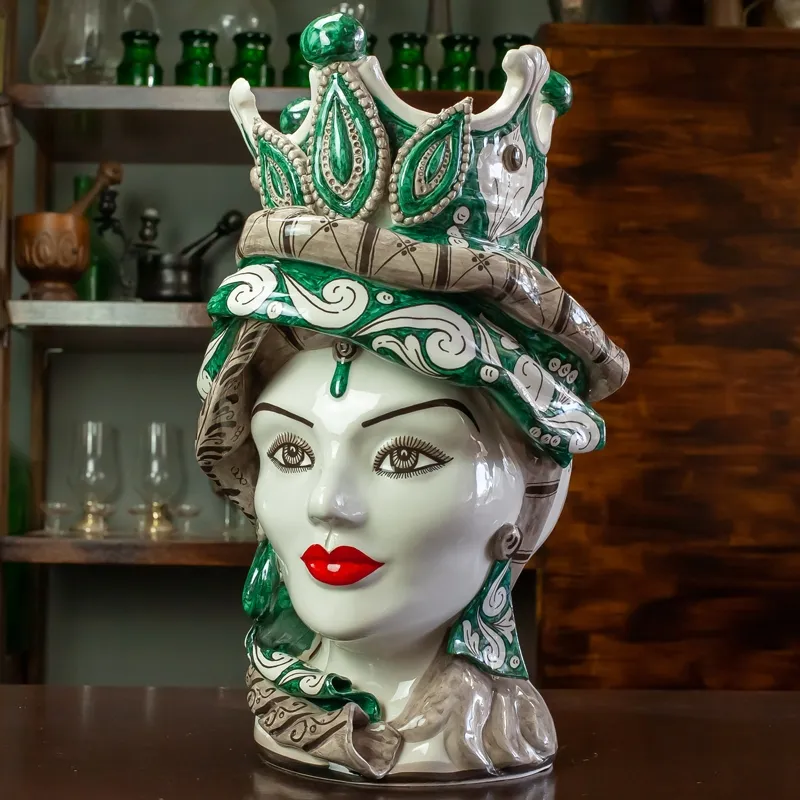 Testa di moro siciliane in ceramica di Caltagirone "Concordia" Verde Donna-Uomo H. 48 cm