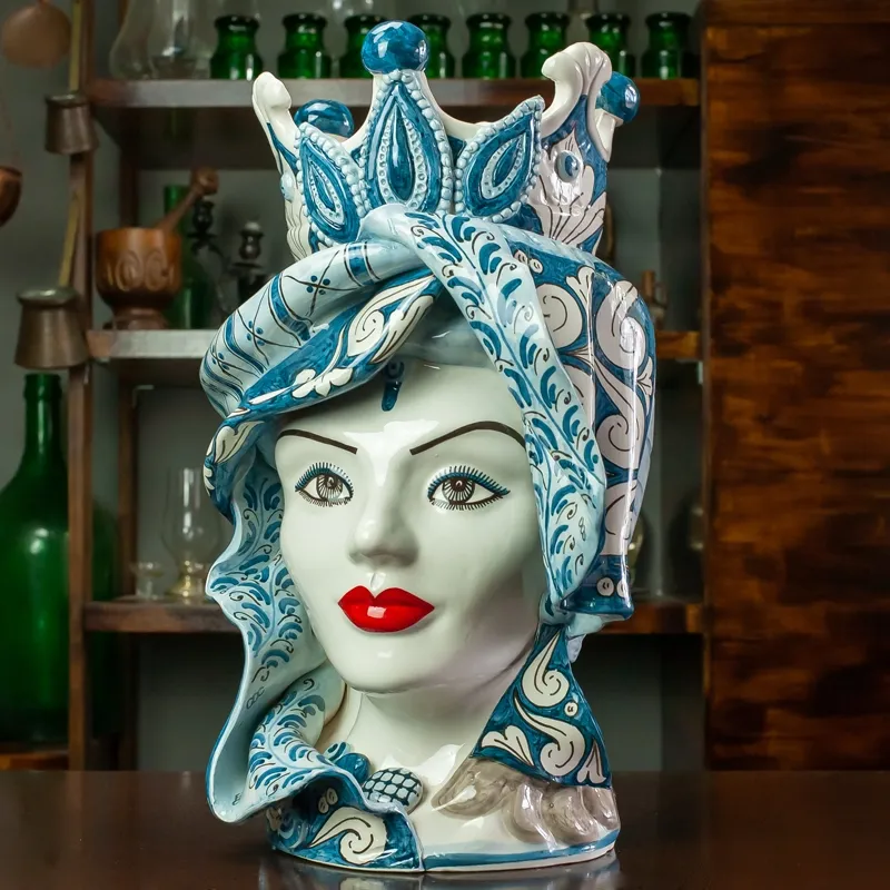 Testa di moro in ceramica Siciliana di Caltagirone "Concordia" Decoro Blu Donna Uomo H. 48 cm