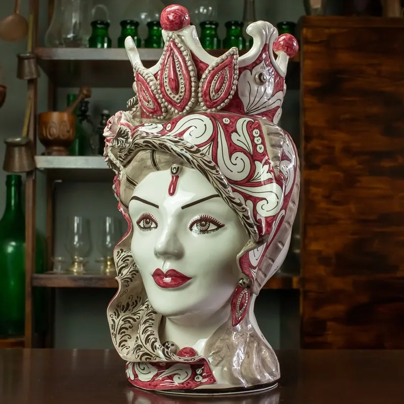 Testa di moro in Ceramica Siciliana di Caltagirone "Concordia" Decoro Rosa Antico Donna-Uomo H. 48 cm